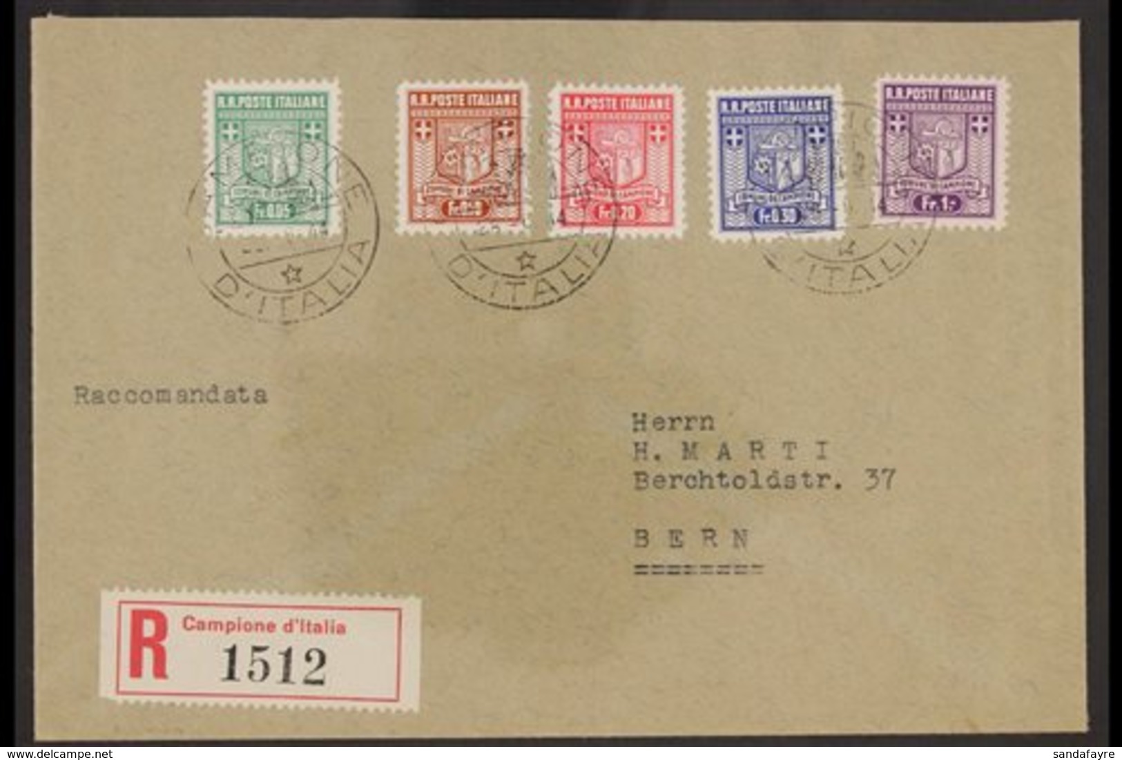 CAMPIONE 1944 Arms Perf 11 Local Issue Complete Set (Sassone 1/5, SG 1B/5B) Superb Used On Registered Cover Addressed To - Non Classés