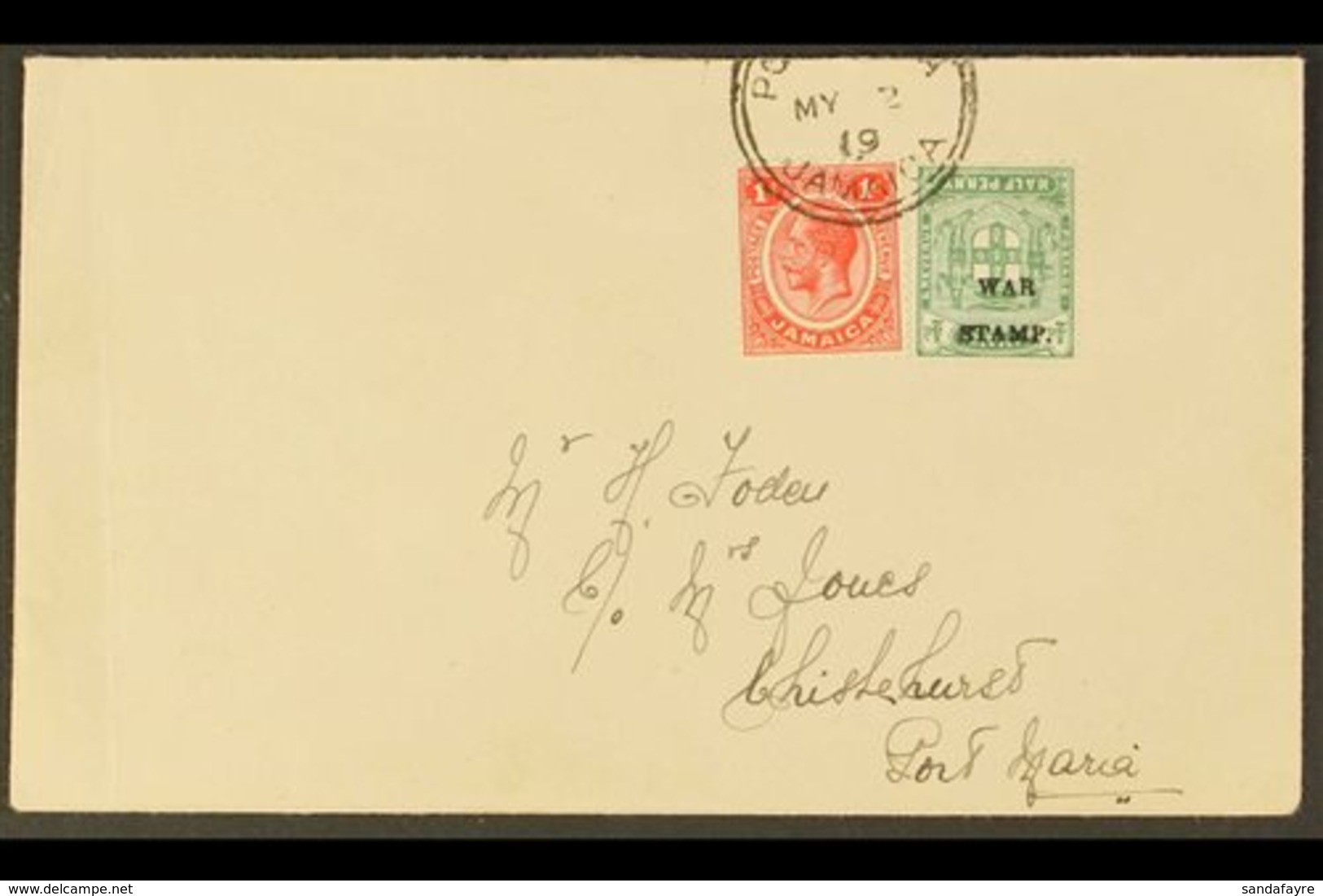 1919 (May 2) Local Cover Bearing KGV 1d Scarlet Plus ½d Blue-green War Stamp With OVERPRINT INVERTED (SG 73d), Tied By P - Jamaica (...-1961)