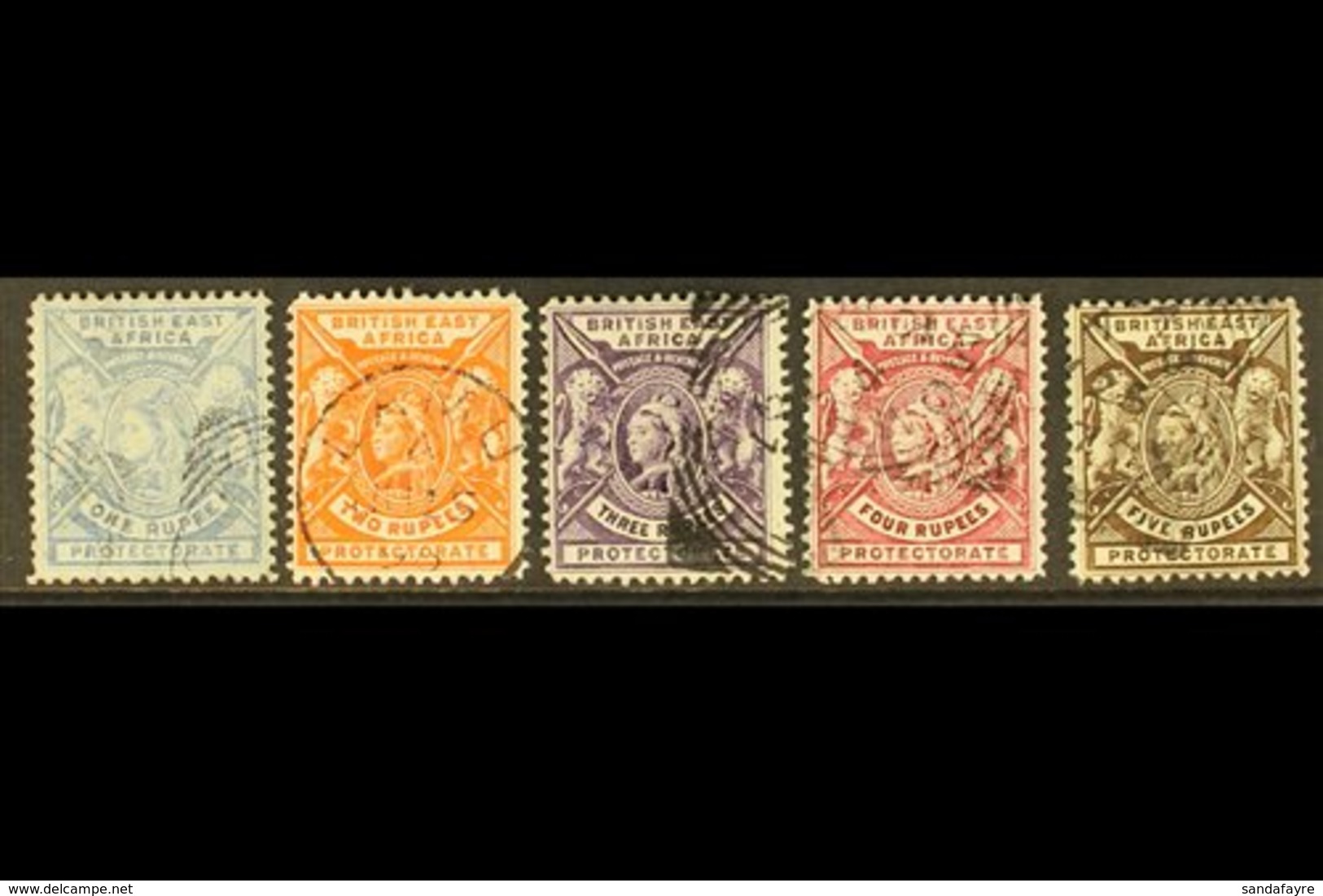 BRITISH EAST AFRICA 1896-1901 1r To 5r Complete, Wmk Crown CA, SG 75/9, Very Fine Used (5 Stamps). For More Images, Plea - Vide