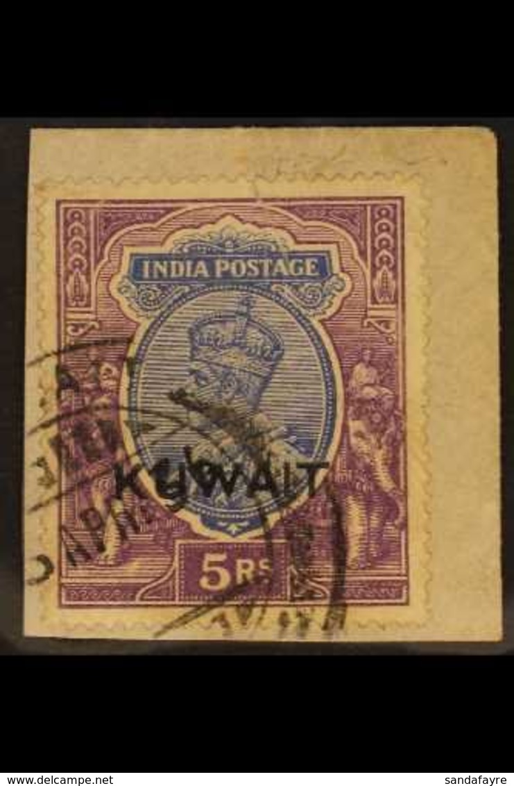 1923 5r Ultramarine And Violet, Overprinted "Kuwait", SG 14, Used On Piece, Diagonal Crease. For More Images, Please Vis - Koeweit