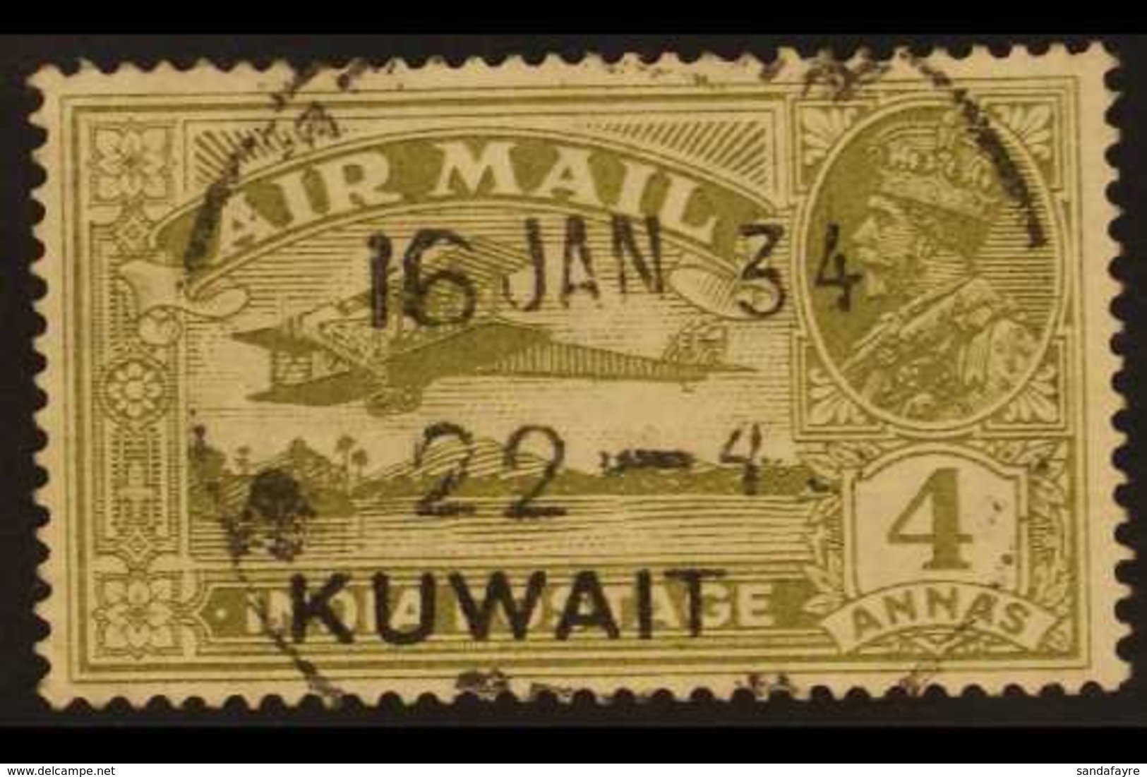 1933 4a Olive Green, Airmail, SG 33, Very Fine Used. For More Images, Please Visit Http://www.sandafayre.com/itemdetails - Koeweit