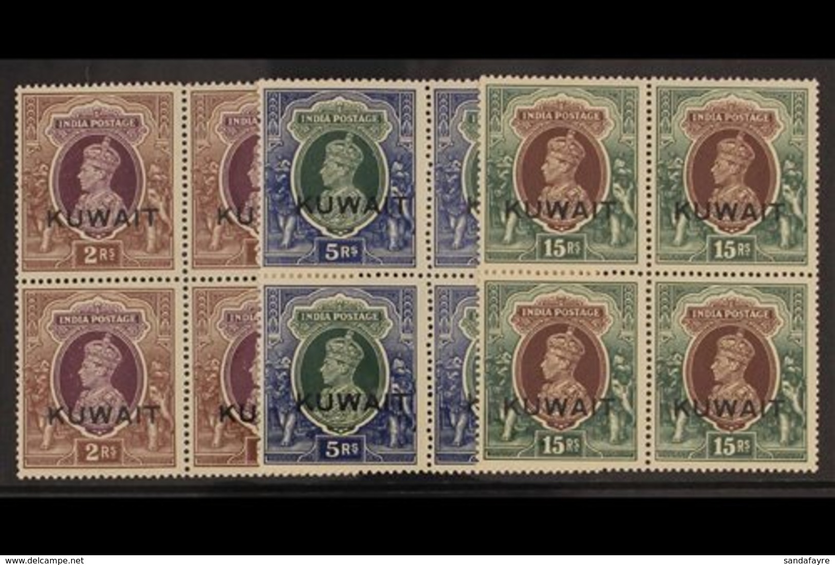 1939 2rs, 5r, & 15r (invtd Wmk), Geo VI, SG 48, 49, 51w, In Never Hinged Mint Blocks Of 4. (12 Stamps) For More Images,  - Koeweit