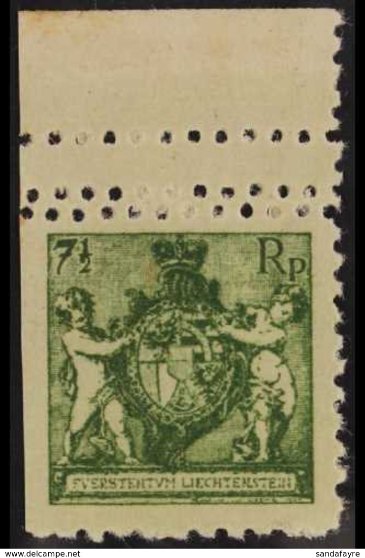1921 7½rp Arms Perf 9½-10 COLOUR PROOF Printed In Green On Unwatermarked Paper (as Michel 49 A), Upper Marginal Example  - Andere & Zonder Classificatie