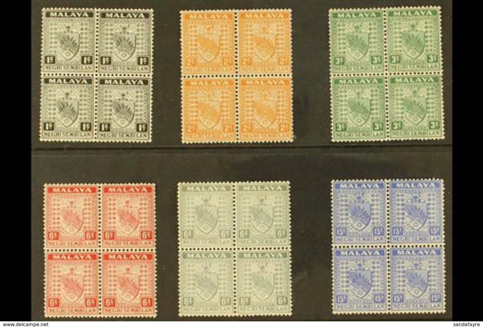 NEGRI SEMBILAN 1935-41 1c Black, 2c Orange, 3c Green, 6c Scarlet, 6c Grey & 15c Ultramarine BLOCKS OF FOUR, SG 21, 23, 2 - Other & Unclassified