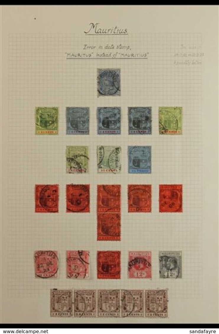 "MAURITUS" ERROR CDS'S COLLECTION 1892-1923 Displayed On Stamps Written Up On A Page, Clear Strikes Incl. 1892 8c Etc. ( - Mauritius (...-1967)