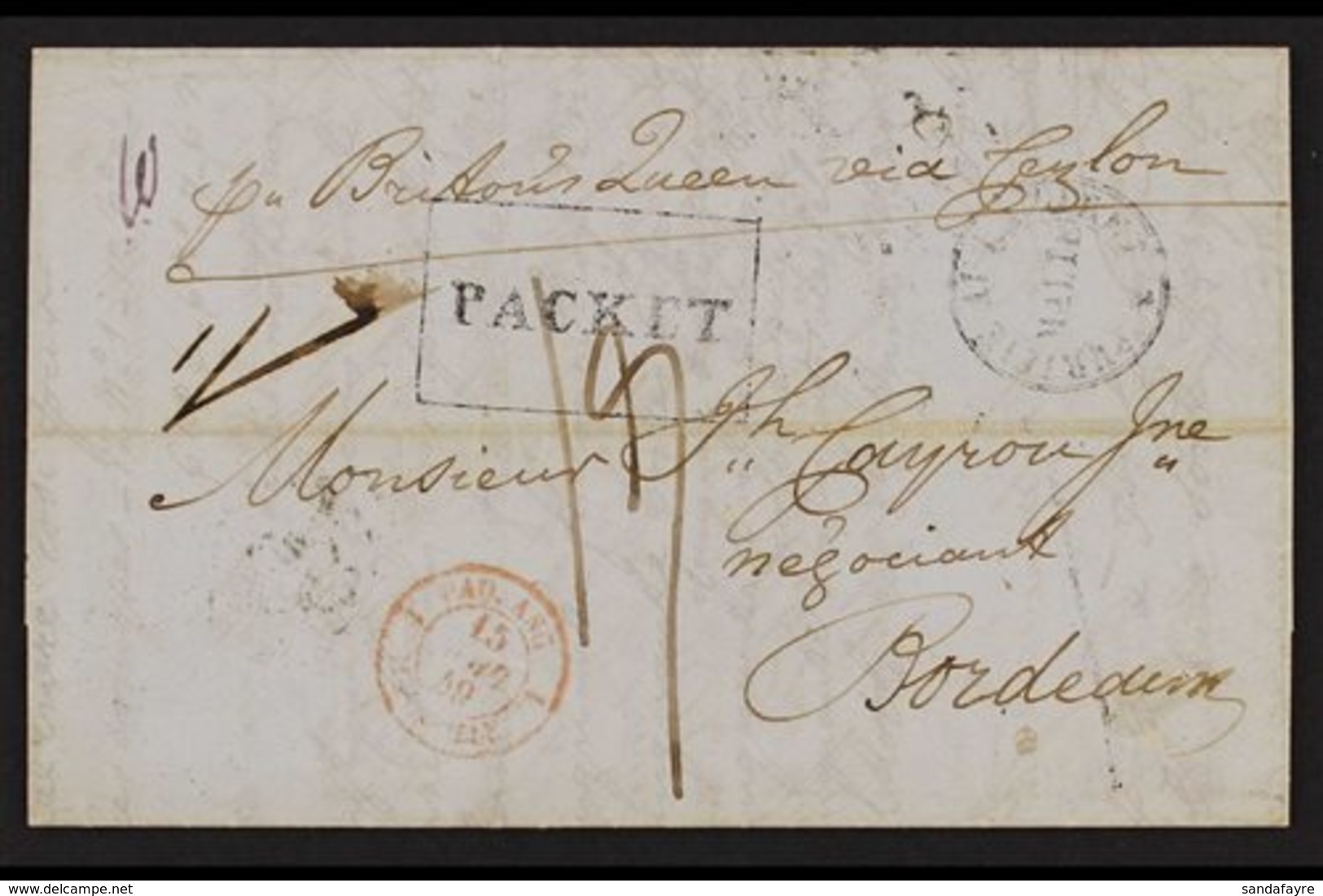 1849 (January) Entire Letter In French, Addressed To Bordeaux, Endorsed "Pr. Britons Queen Via Ceylon", And Showing Doub - Mauricio (...-1967)