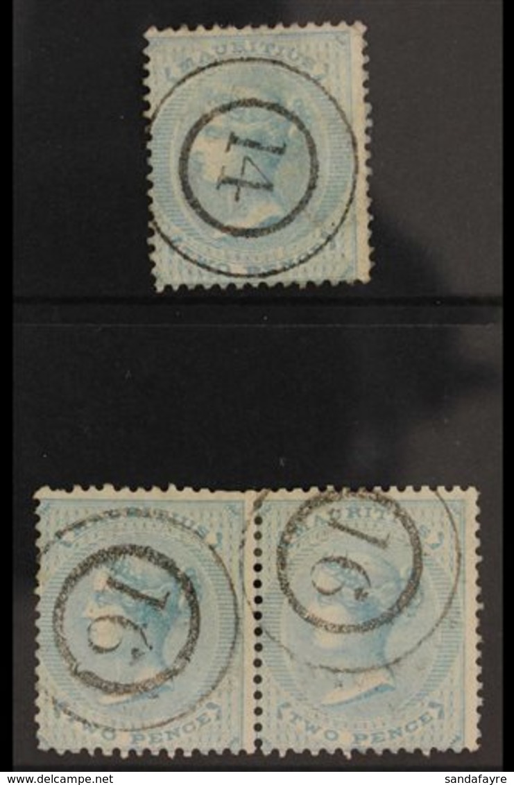 1863 2d Pale Blue, SG 59, Superb Numeral Double Ring Numeral Cancels "14" And A Pair With Two Strikes Of "16", Scarce. ( - Mauritius (...-1967)