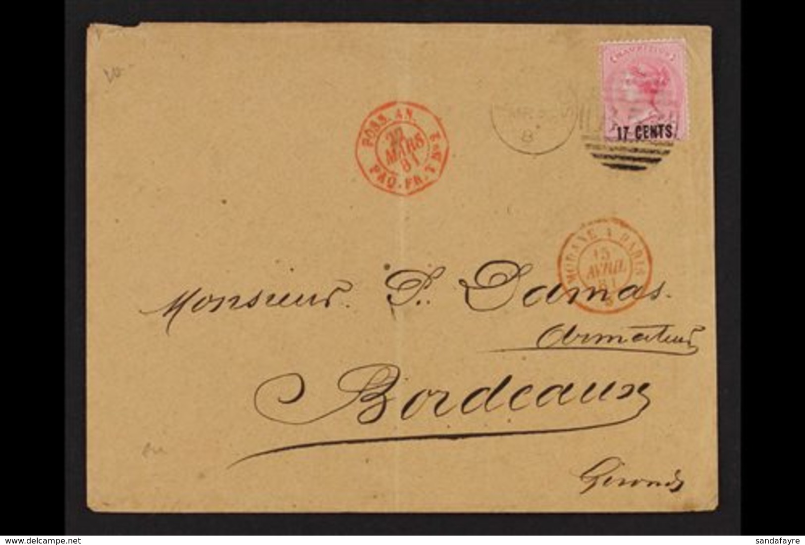 1881 (March) Envelope To Bordeaux, Bearing 1878 17c On 4d Rose, Tied By B53 Duplex, Red "POSS. AN PAQ FR. T NO. 2" Cds,  - Mauritius (...-1967)