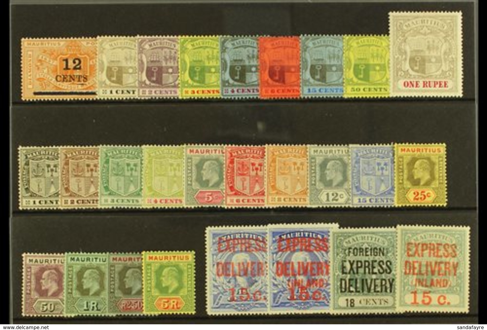 1902-1910 MINT KEVII SELECTION Presented On A Stock Card Including 1904-07 Arms Set, 1910 Set To 5r, 1903-04 Express Del - Mauritius (...-1967)