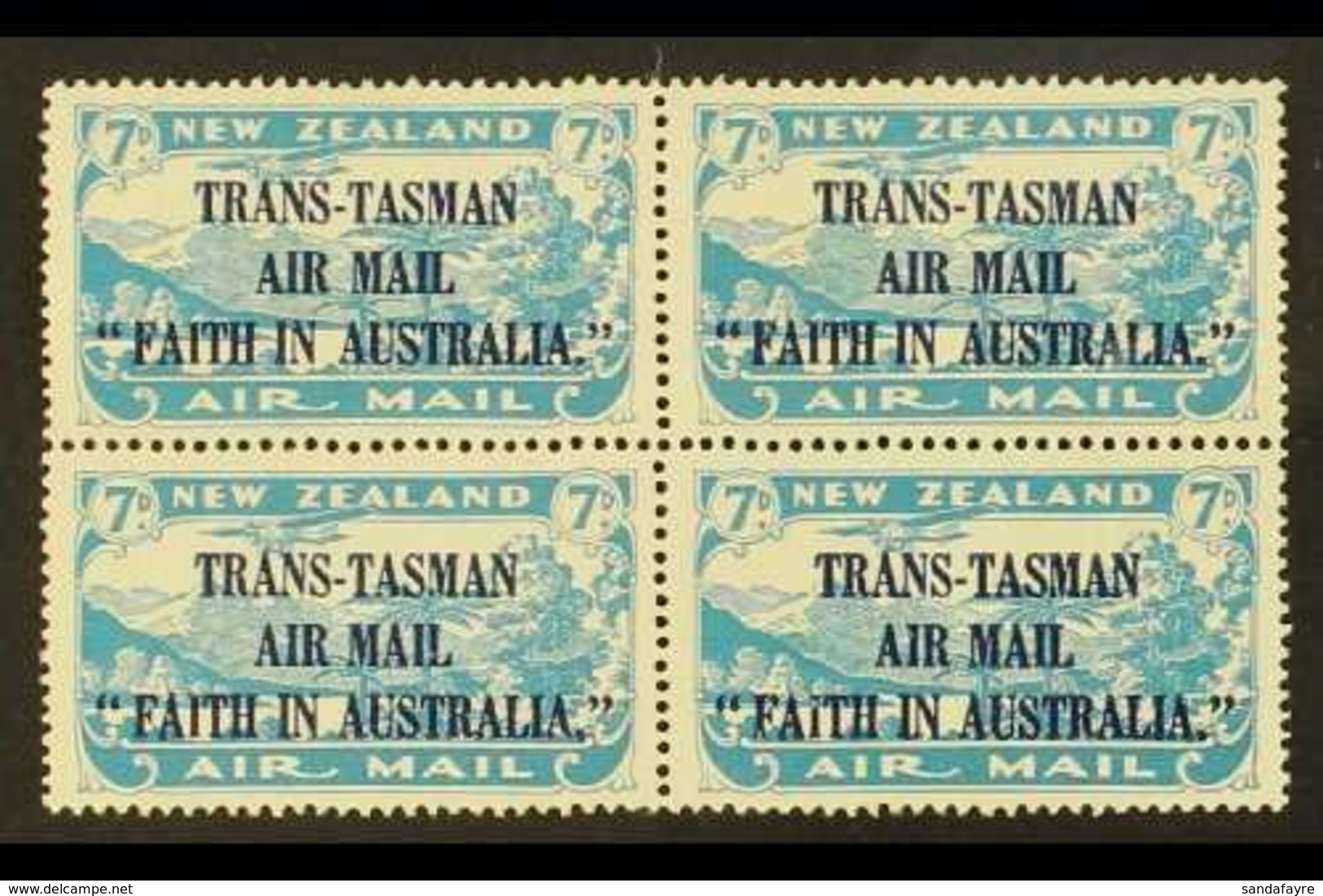 1934 7d Light Blue, "Trans-Tasman Air Mail" Ovpt In A BLOCK OF FOUR, SG 554, Mint, Hinged On Top Pair, Lower Pair Never  - Other & Unclassified