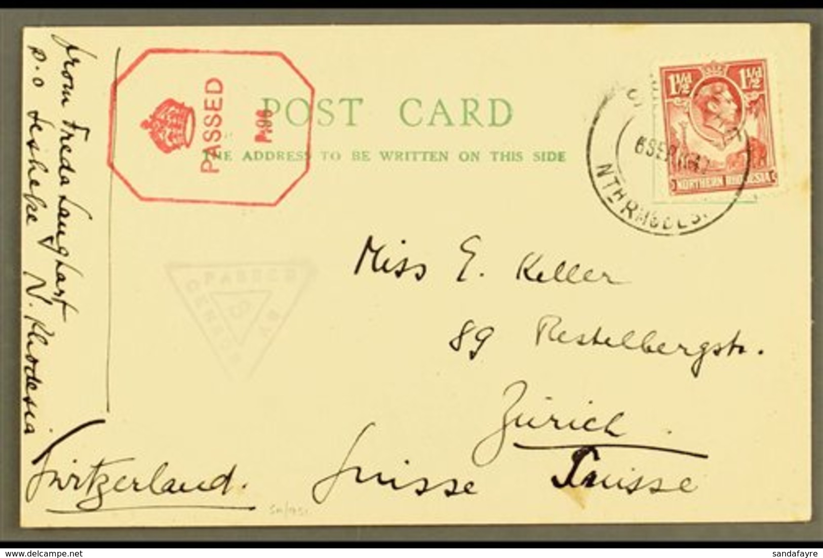 1941 (Sept) Postcard To Switzerland, Bearing 1½d Carmine Tied Sesheke Cds, Triangular "PASSED BY CENSOR/8" And Further C - Noord-Rhodesië (...-1963)