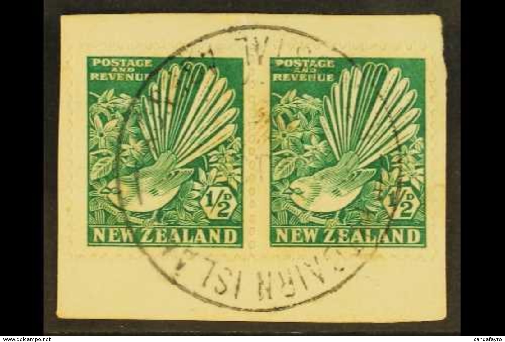 1935 ½d Bright Green Fantail, Horiz Pair Tied To A Piece By Full "PITCAIRN ISLAND" Cancel (date Not Readable), SG Z22.   - Pitcairn