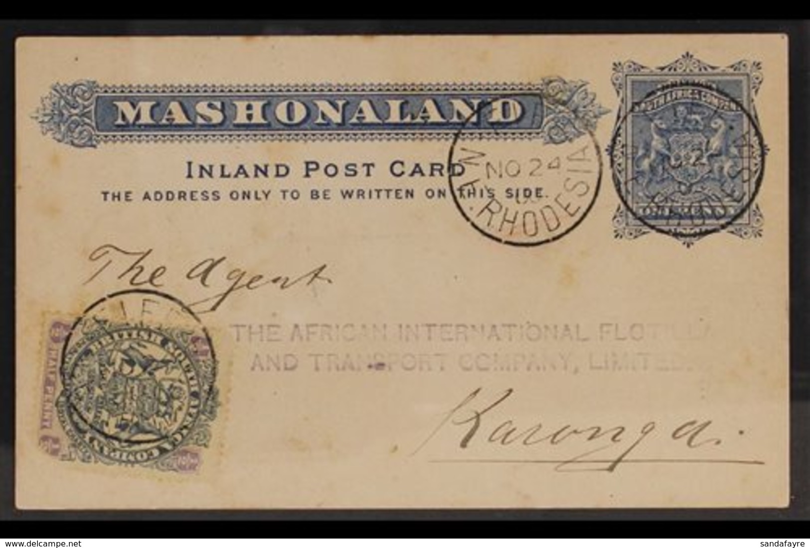 1900 (24 Nov) 1d Mashonoland P/card To Karunga Uprated With ½d Arms (fault) Both Cancelled By "FIFE / N. E. RHODESIA" Cd - Andere & Zonder Classificatie