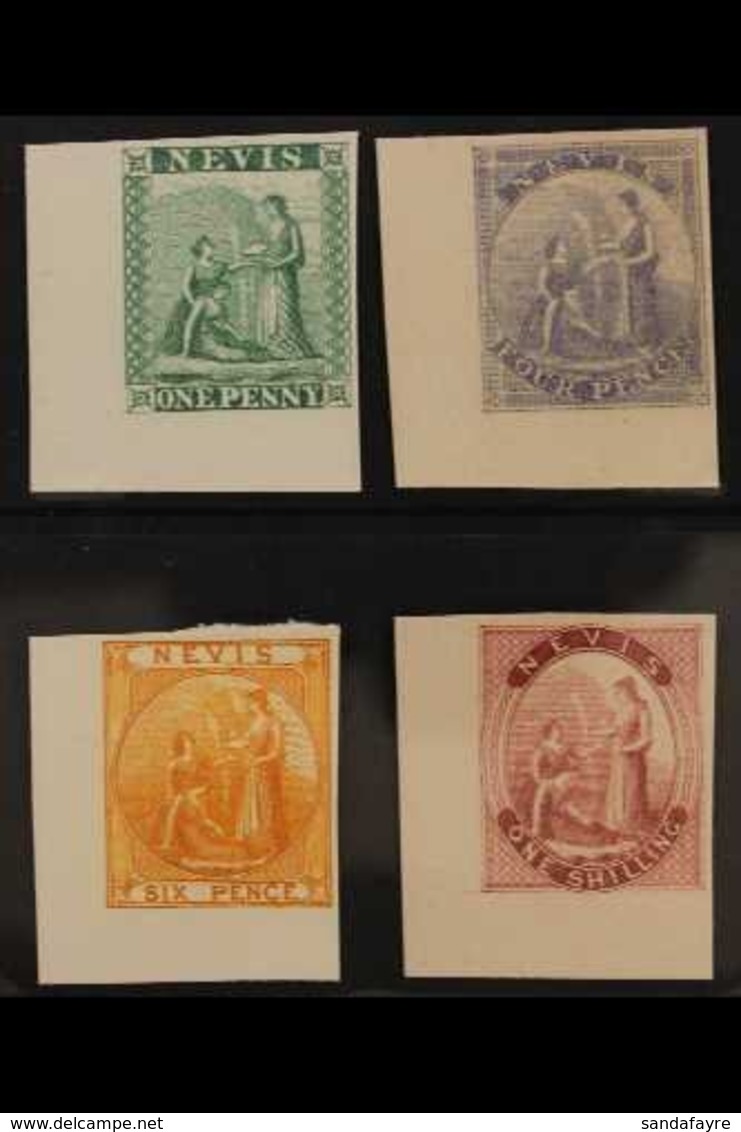 1862 Medical Spring Matching Imperf Lower Left Corner Plate Proofs, 1d In Green, 4d In Lilac, 6d Orange And 1s Lake, Ver - St.Christopher, Nevis En Anguilla (...-1980)