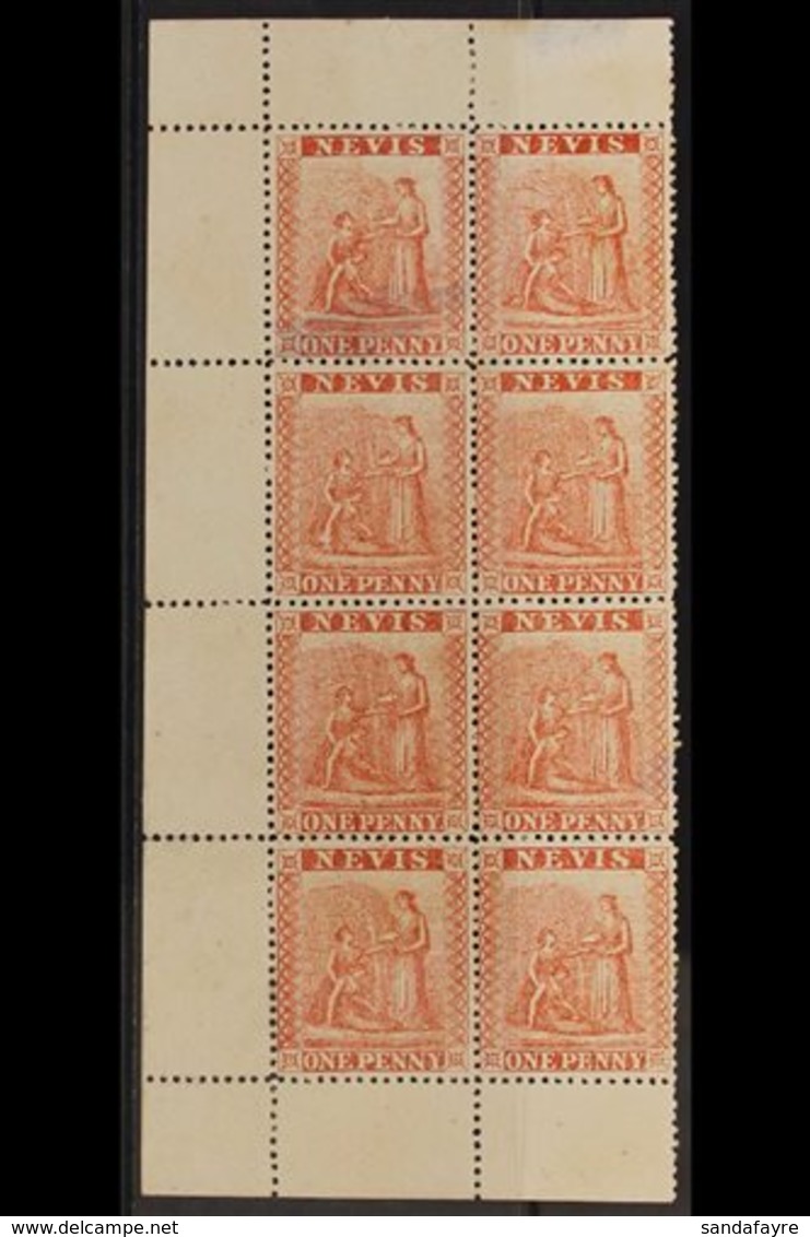 1871-78 1d Pale Rose-red, SG 15, Left Sheet Margin Block Of Eight, Unused Without Gum, Two With Thins. For More Images,  - St.Christopher, Nevis En Anguilla (...-1980)