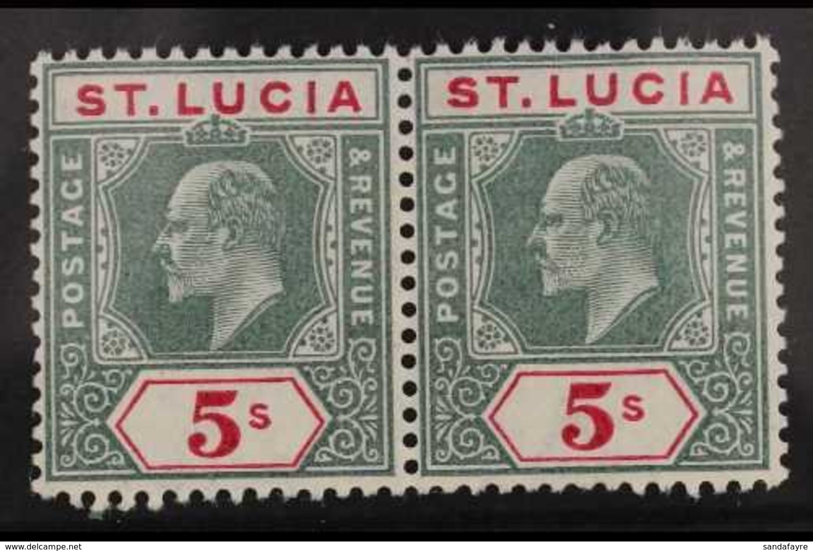 1904 - 10 5s Green And Carmine, Wmk MCA, Ed VII, SG 76, Superb Never Hinged Mint Horizontal Pair. For More Images, Pleas - St.Lucia (...-1978)