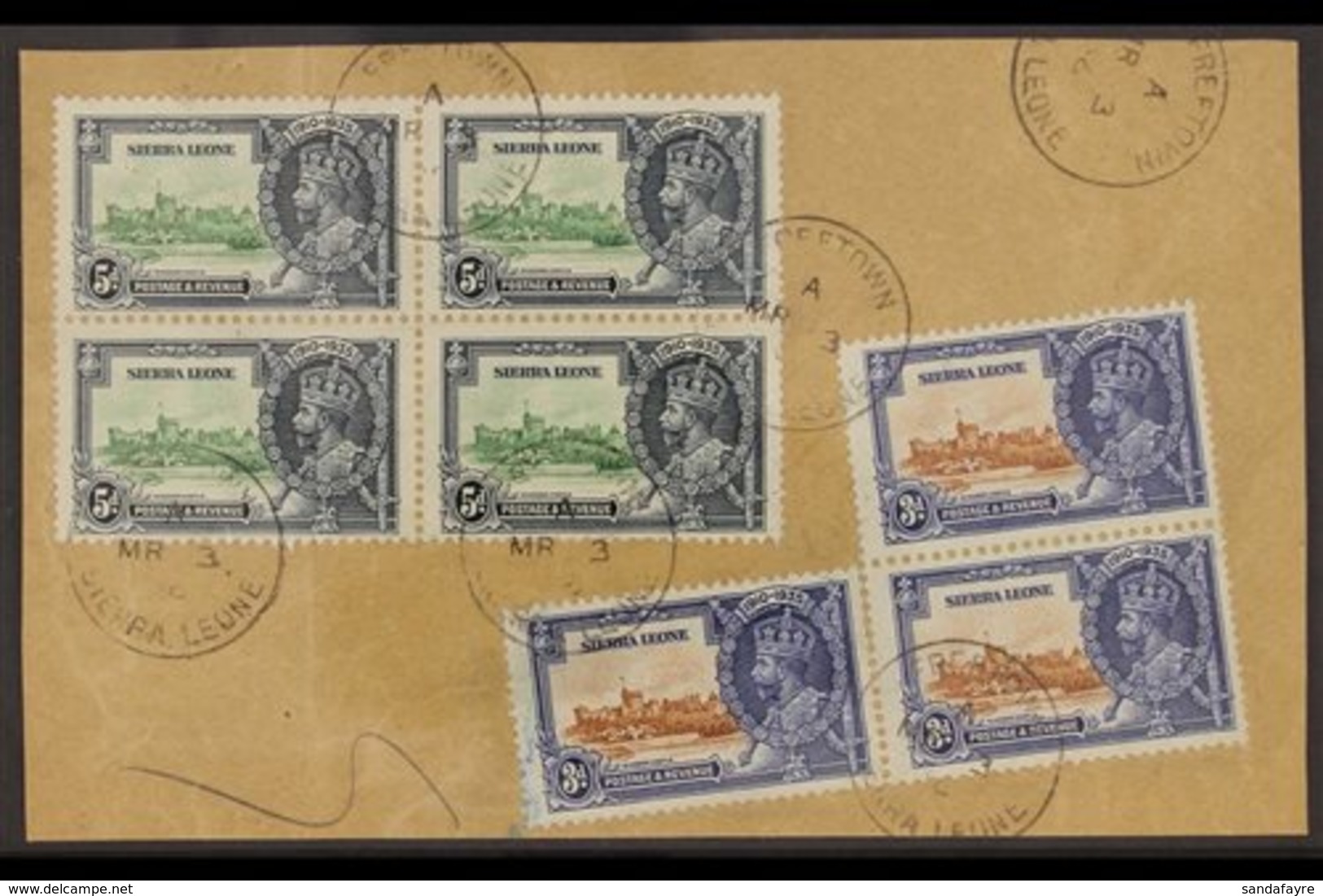 1935 SILVER JUBILEE VARIETY A Large Piece Bearing A Block Of 4 X 5d Green & Indigo (SG 183) & A Joined Trio Of 3d Brown  - Sierra Leone (...-1960)