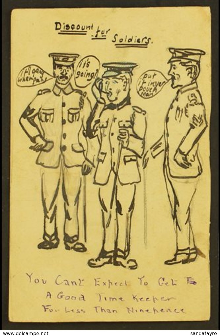 1918 HAND ILLUSTRATED POSTCARD KGV ½d Stationery Postcard, Hand-drawn Illustration Of A Soldier Flanked By Two Sergeants - Zonder Classificatie