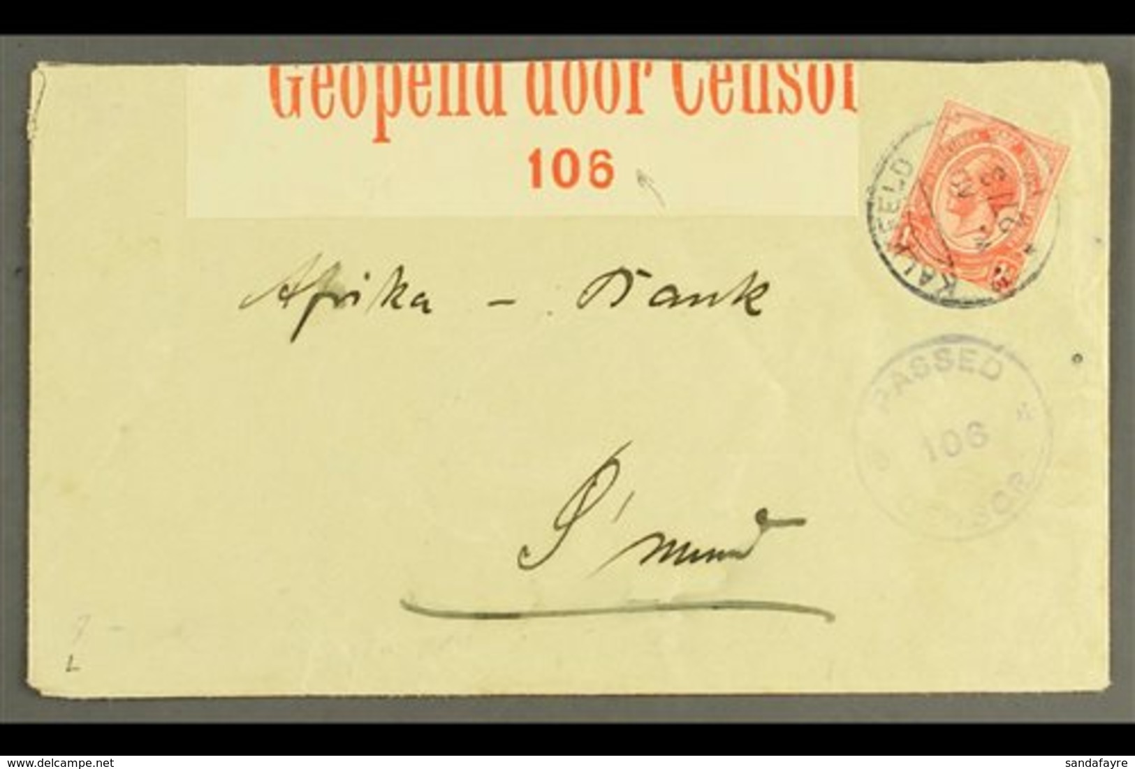 FORERUNNER 1918 Censored Env. Franked South Africa 1d KGV, "KALKFELD" C.d.s. (Putzel No.2), Circular Censor Cachet (106) - Zuidwest-Afrika (1923-1990)