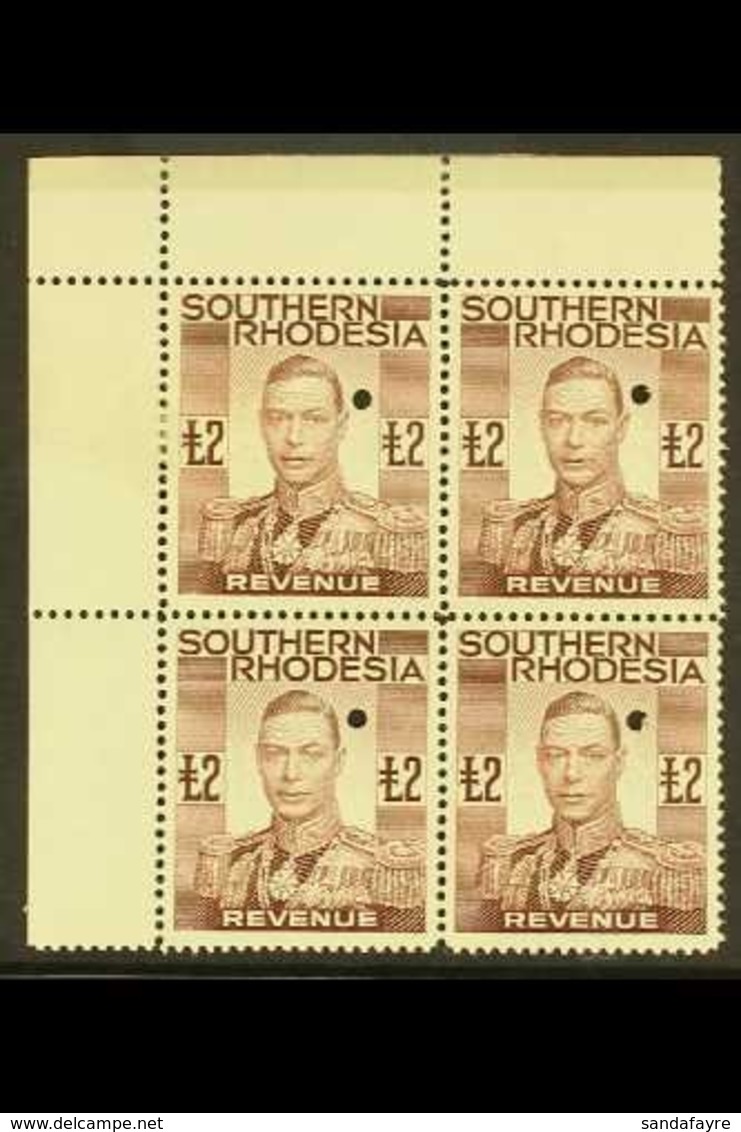 1937 £2 Brown, Geo VI, Revenue, Punched Proof, Perforated Top Left Corner Block Of 4 , Very Fine Mint. For More Images,  - Zuid-Rhodesië (...-1964)