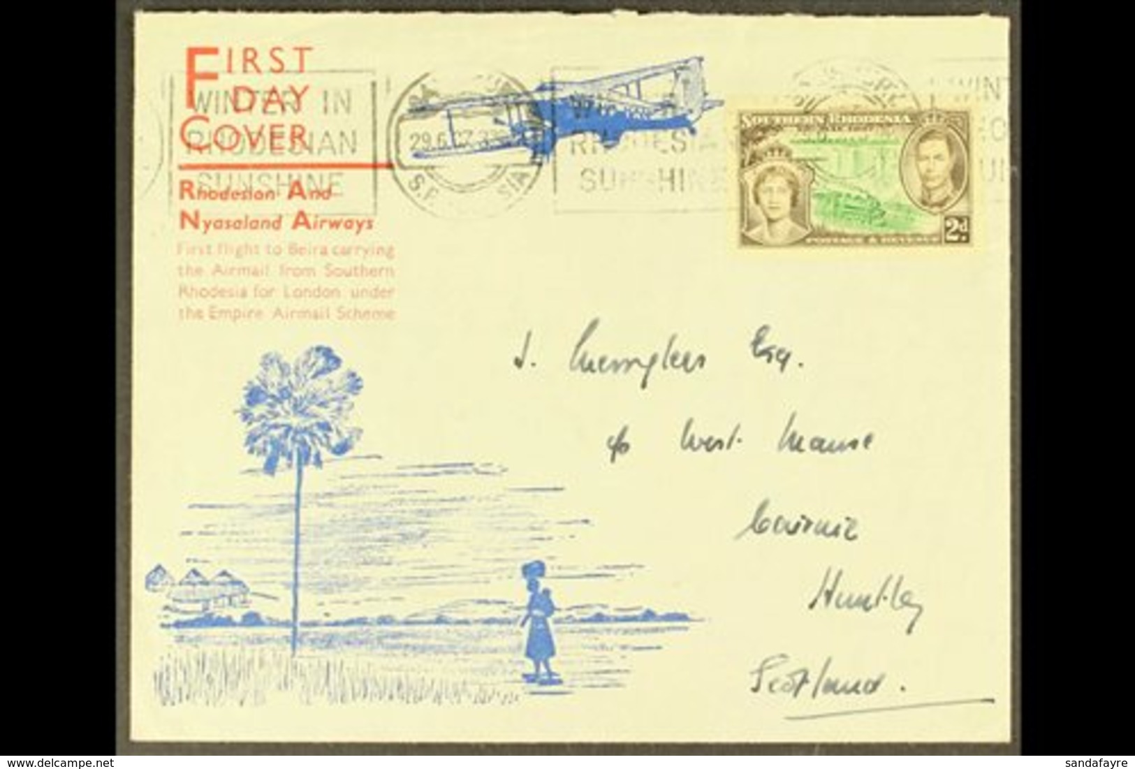 1937 First Flight Cover, Rhodesia & Nyasaland Airways To Beira, Franked 2d KGVI Coronation, Salisbury Slogan Cancel. For - Southern Rhodesia (...-1964)