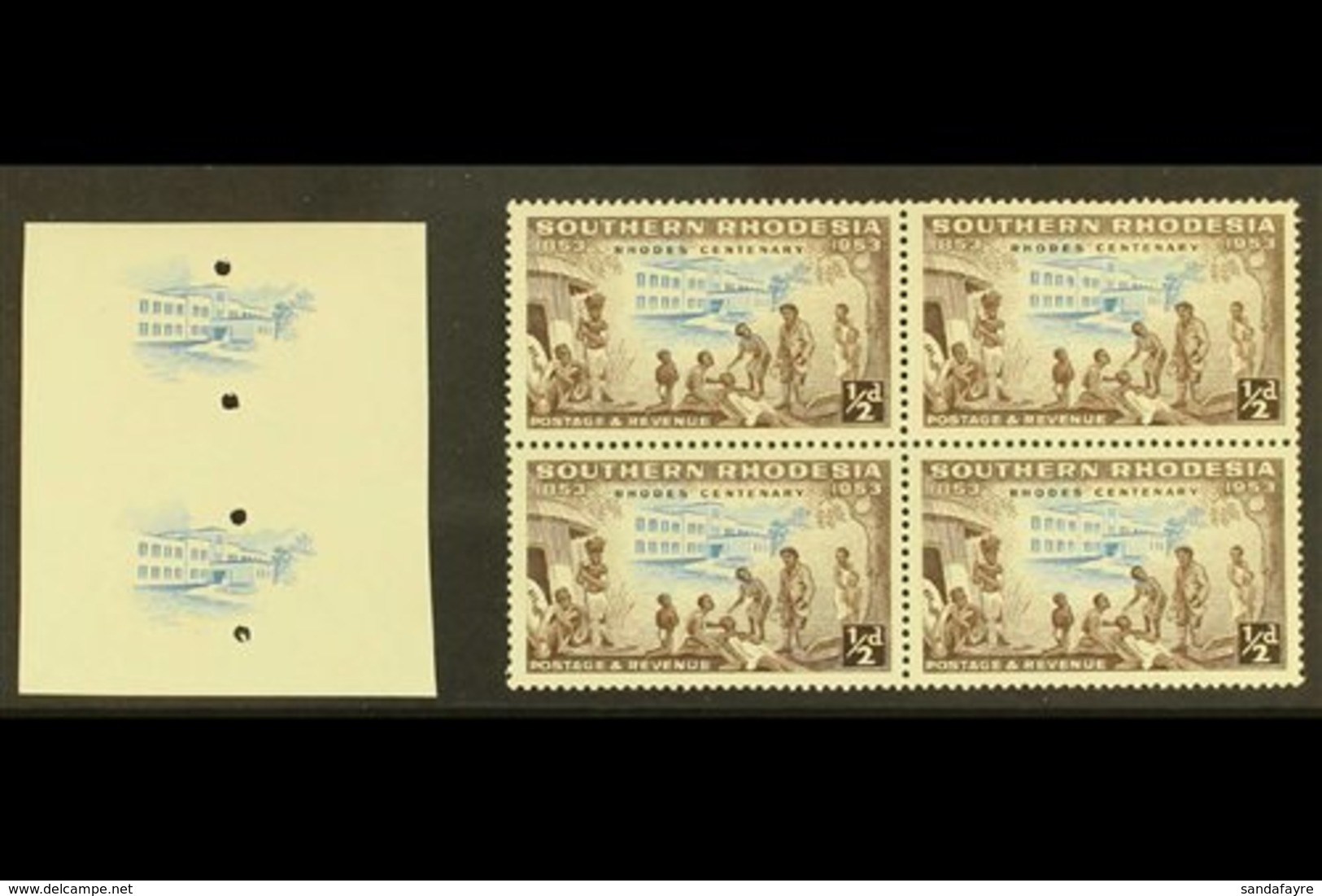 1953 ½d Cecil Rhodes, As SG 71,  Imperf Vertical Punched Imperf Plate Proof Of The Central Design In Issued Colour. For  - Zuid-Rhodesië (...-1964)