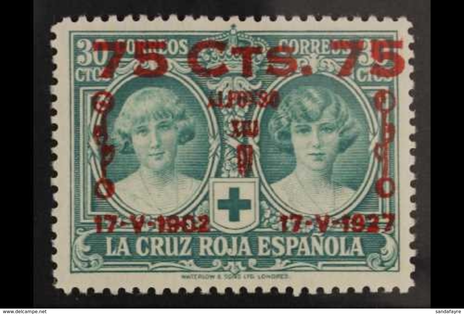 1927 25th Anniversary Of Coronation 75c On 30c Green (Edifil 381, Mi 344, Sc B40, SG 438), Very Fine Never Hinged Mint.  - Other & Unclassified