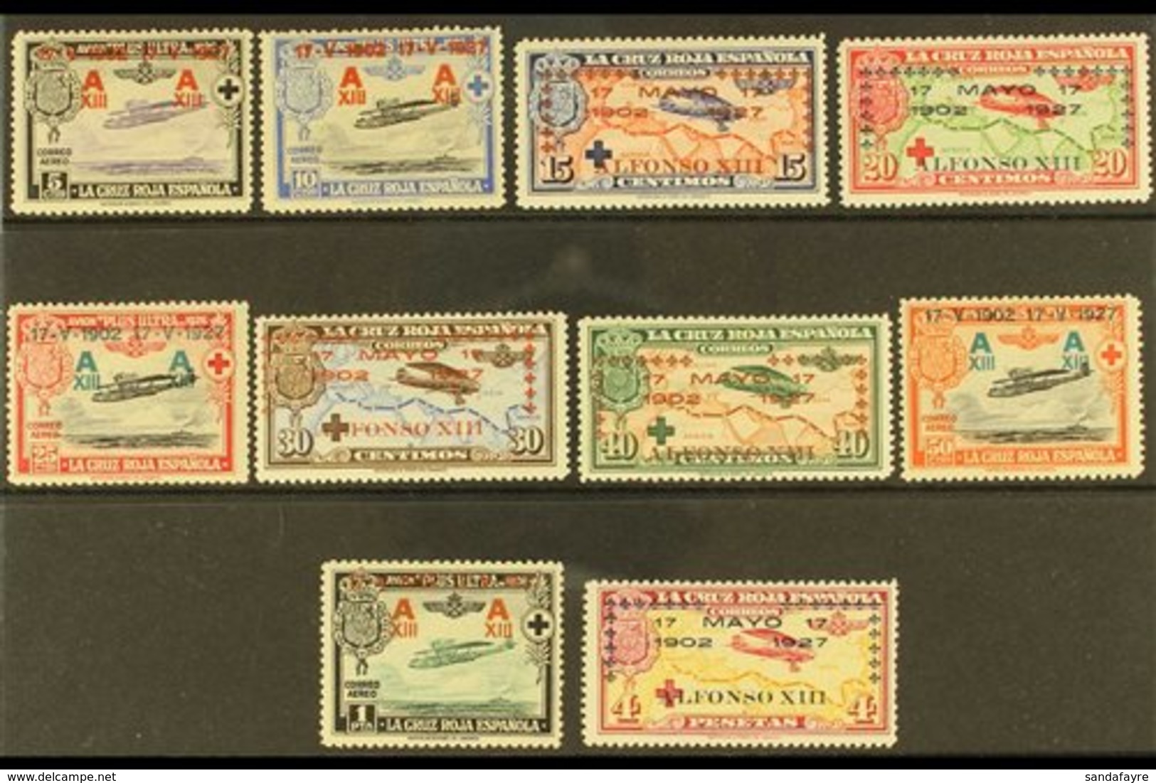 1927 Coronation Overprints On Red Cross Air Issues Complete Set (Edifil 363/72, SG 445/54), Fine Mint. (10 Stamps) For M - Other & Unclassified