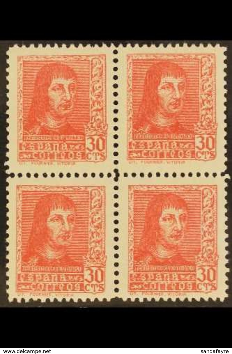 1938 30c Scarlet Ferdinand The Catholic With "Lit. Fournier, Vitoria' Imprint, Edifil 844A, Never Hinged Mint BLOCK OF F - Other & Unclassified