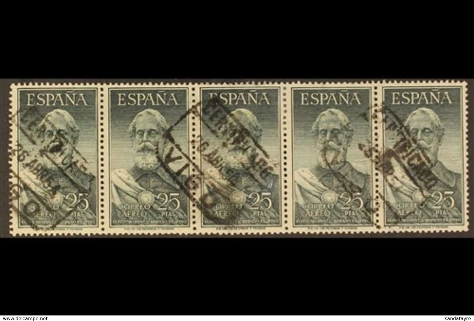 1953 25p Legazpi Air Stamp, SG 1191 (Edifil 1124), Used STRIP OF FIVE With Neat Certificado Datestamp Cancels. Rare Mult - Andere & Zonder Classificatie