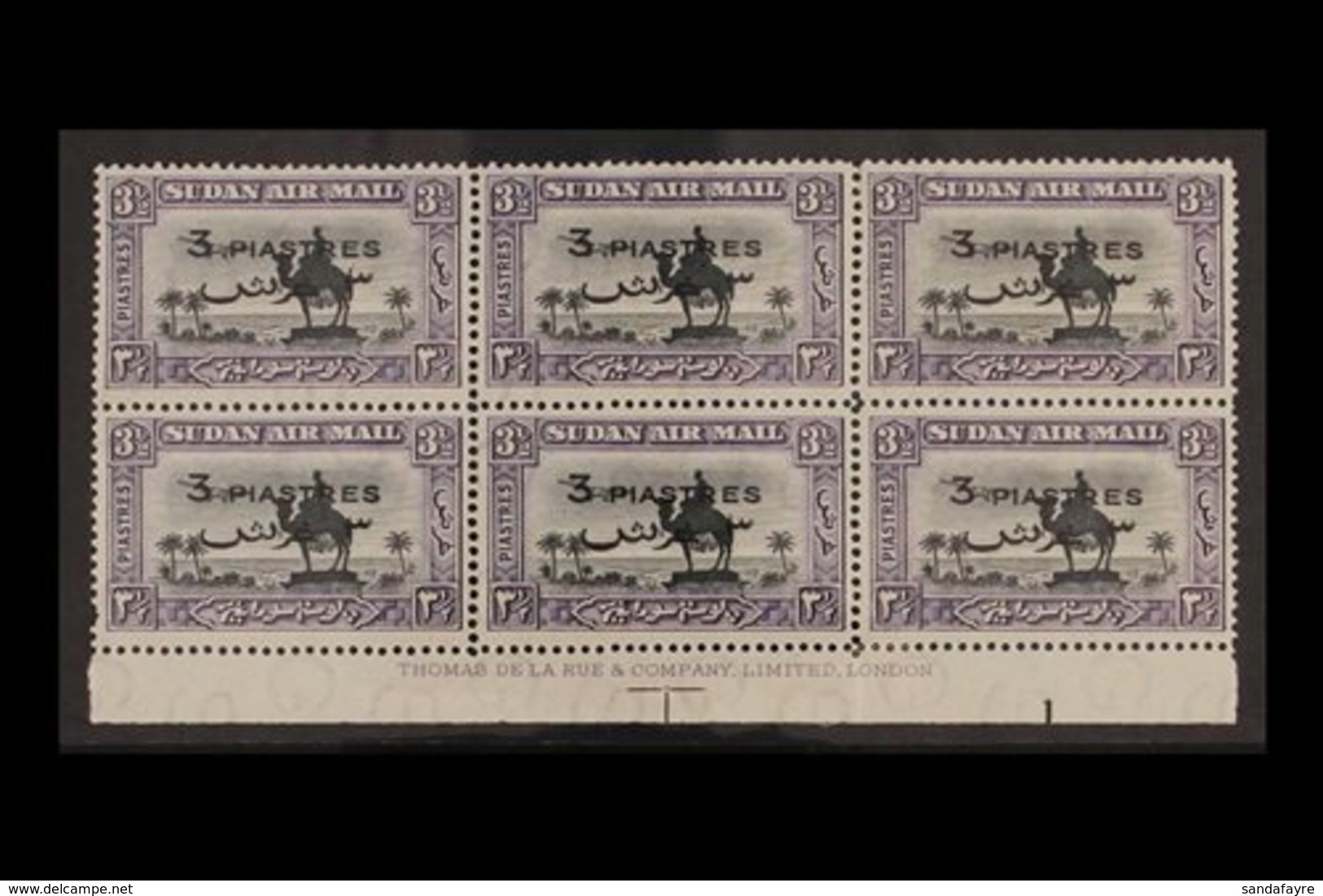 1938 3p On 3½p Black And Violet Airmail, SG 75, Very Fine Never Hinged Mint Imprint Block Of 6. For More Images, Please  - Sudan (...-1951)