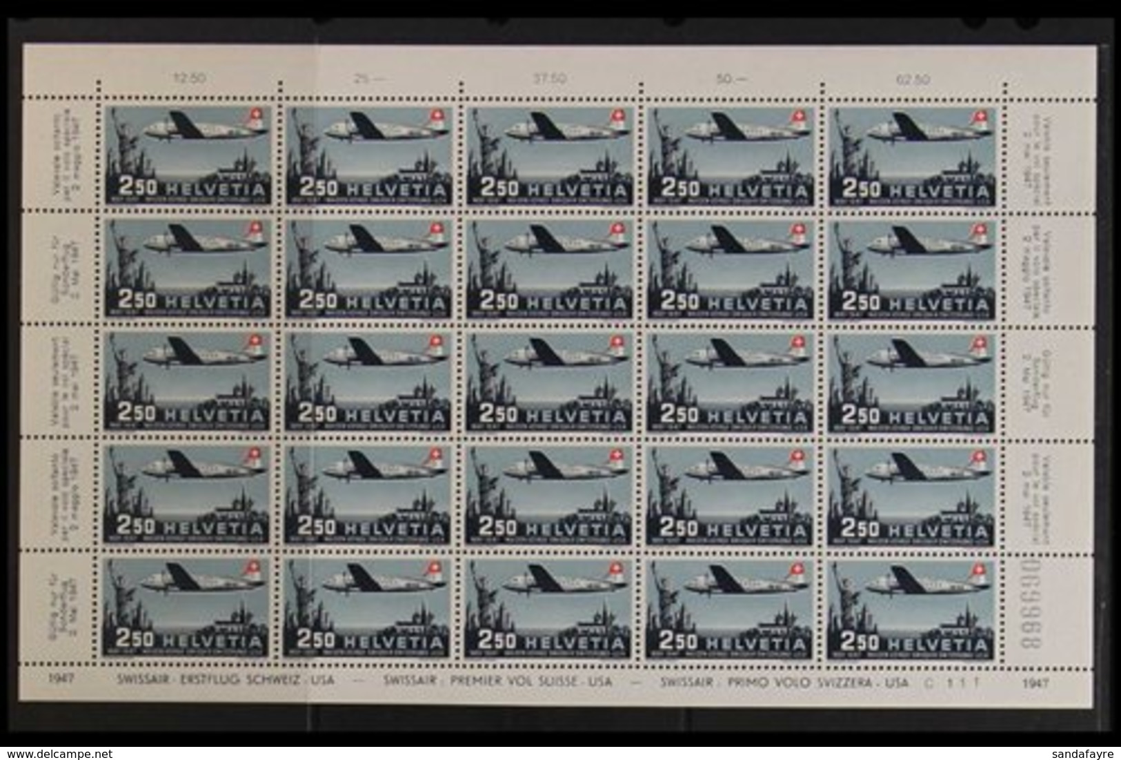 1947 2.50f Swissair First Flight, COMPLETE PANE Of 25 Stamps, Mi 479, Light Bend Affects Two Stamps, Otherwise Fine, Nev - Other & Unclassified