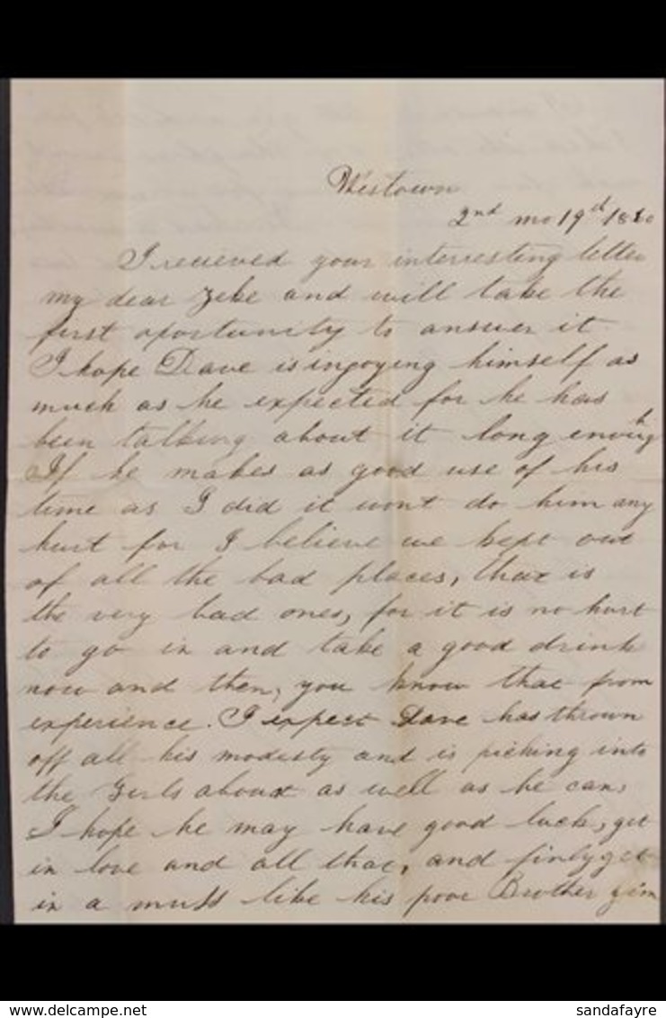 LOCAL STAMPS WESTTOWN, PA 1860 Env To Philadelphia Bearing Westtown (2c) Gold, Scott 145L1, With US 3c Perf 15½ Partiall - Other & Unclassified