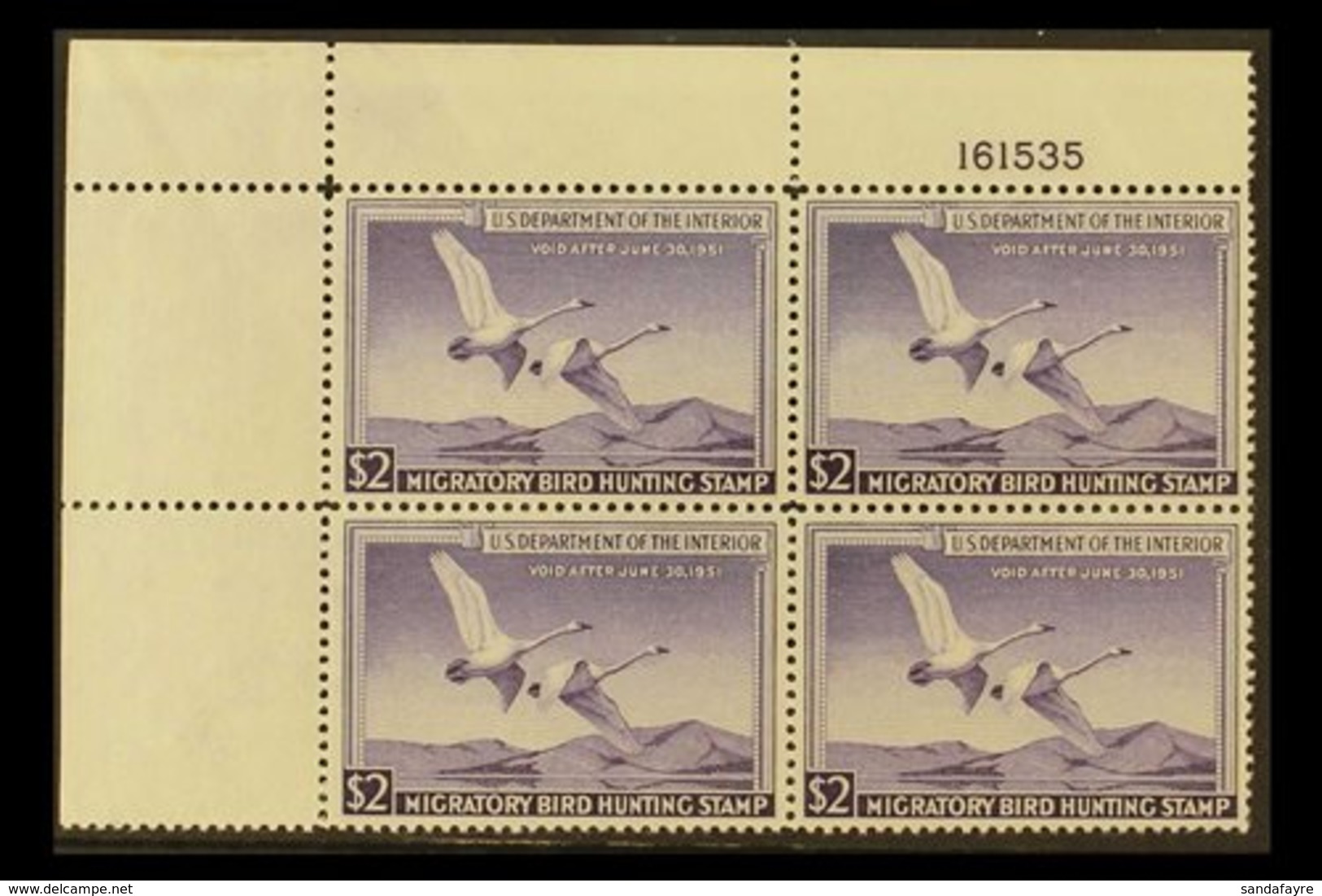 REVENUE - "DUCK" STAMPS 1950 $2 Violet, Scott RW17, Very Fine NEVER HINGED MINT CORNER BLOCK OF FOUR With Plate Number.  - Other & Unclassified