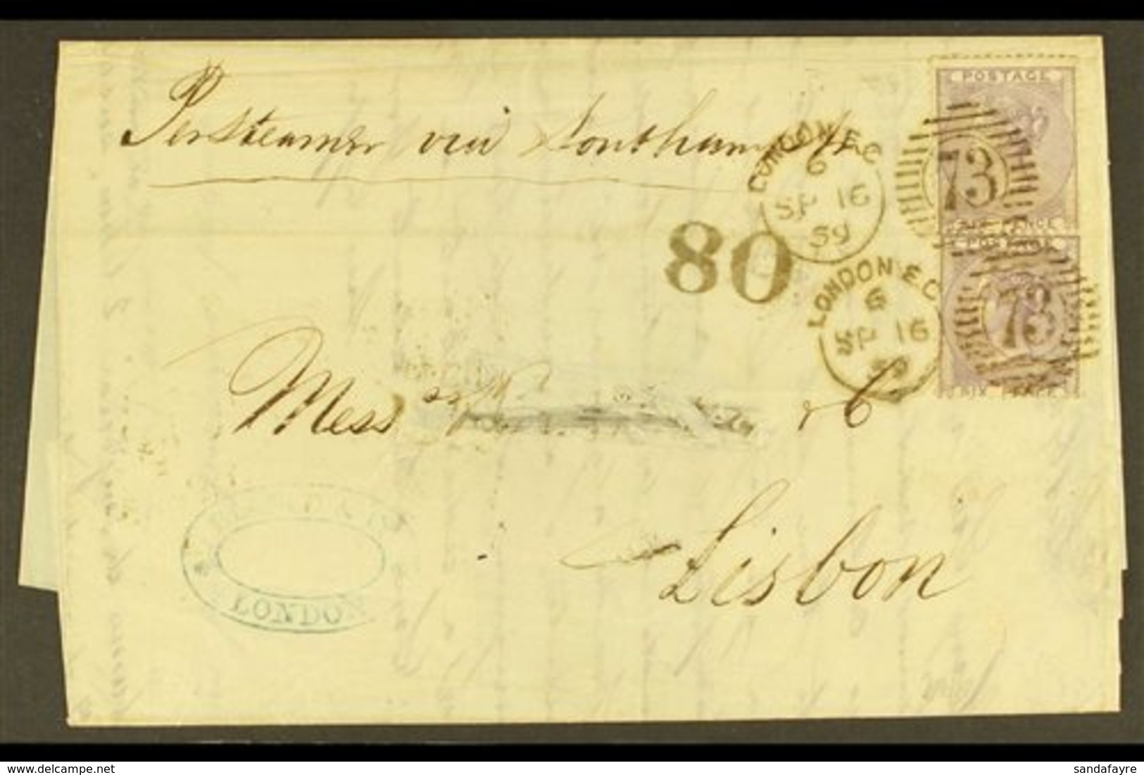 1859 WATERMARKS INVERTED ON COVER. (16 Sep) Entire Letter Addressed To Portugal, Bearing 1855-57 6d Lilac (x2) Both With - Other & Unclassified