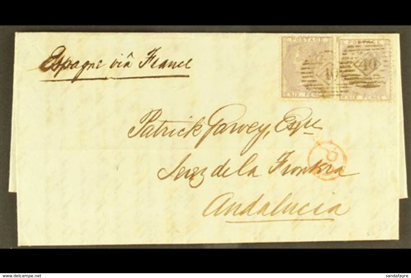 1860 SUNDAY POST. 1860 (22 Dec) Entire Letter Addressed To Spain, Bearing 1855-57 6d Lilac SG 68 (x2) Cancelled By "40"  - Sonstige & Ohne Zuordnung