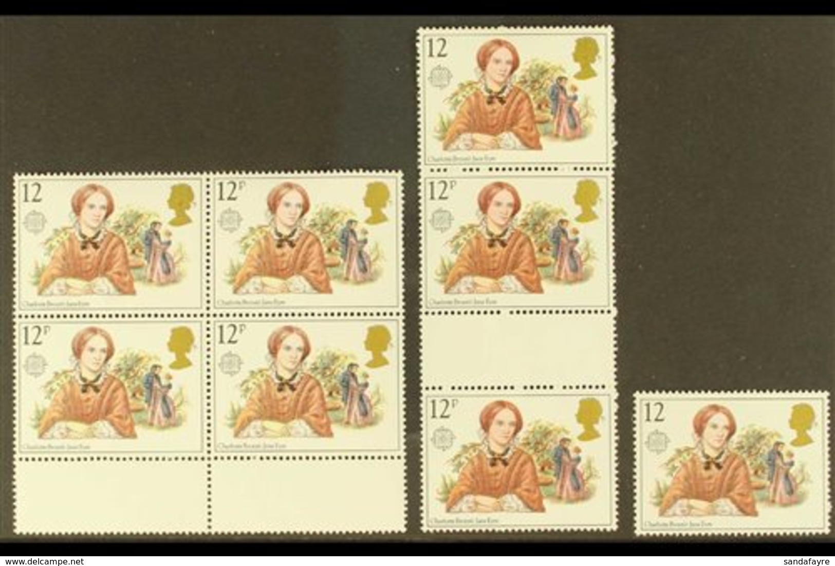 1980 12p Charlotte Bronte, MISSING "p" In Value Variety, SG 1125Ea, In A Block Of 4, Gutter Strip Of 4 & A Single, Never - Andere & Zonder Classificatie