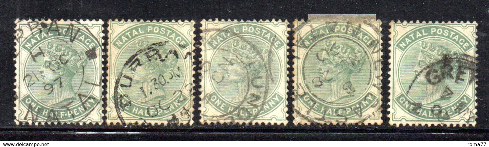 APR378 - NATAL 1882 , 1/2 P. Verde Yvert N. 43 Fil CA : 5 Esemplari Usati  (2380A) - Natal (1857-1909)