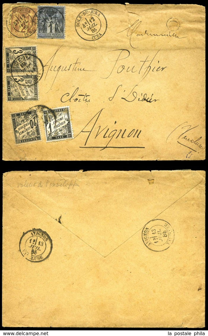 1c +2c Sage (N°83 Et 85) Sur Lettre De Dôle Du Jura Taxée à 27 Centimes (Txe N°10, 12x2 Et 17) Pour Avignon. TTB (certif - 1849-1876: Periodo Classico