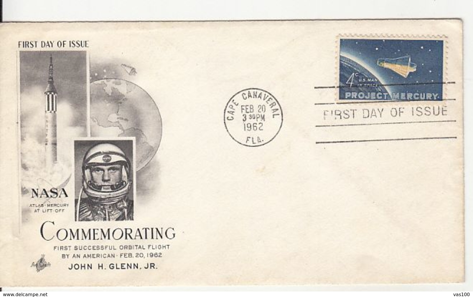 SPACE, COSMOS, JOHN H. GLENN JR, ATLAS MERCURY SPACE SHUTTLE, COVER FDC, 1962, USA - North  America