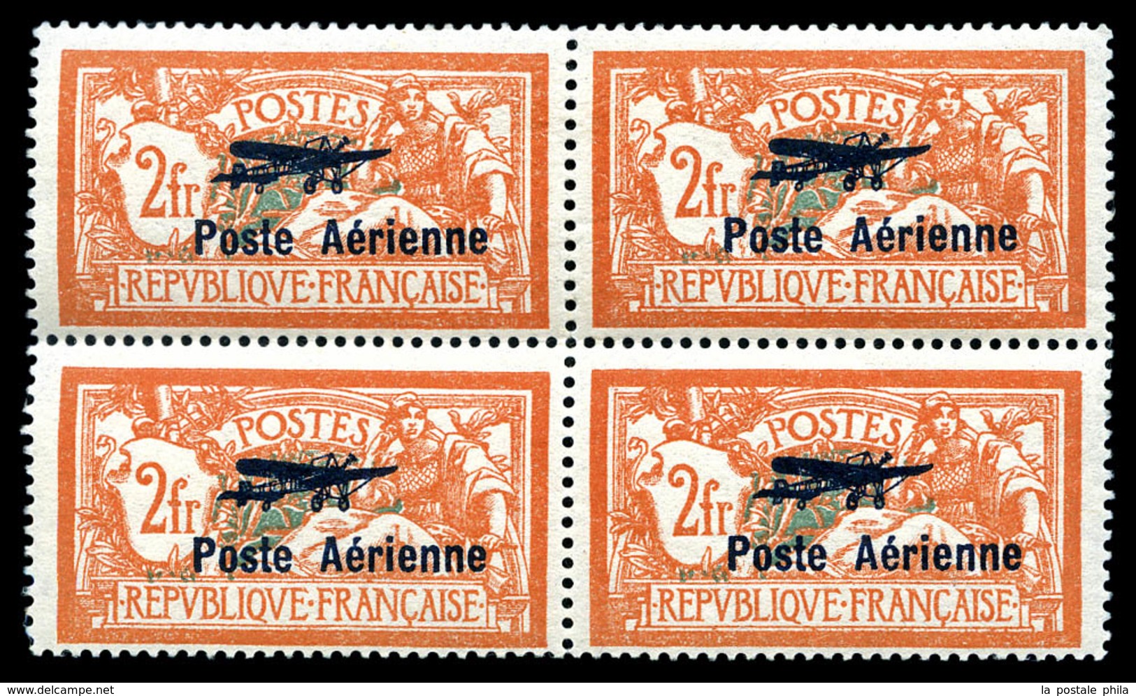 N°1a, 2F Orange Et Vert-bleu, Coin De L'écusson Cassé Tenant à Normaux En Bloc De Quatre, Fraîcheur Postale, SUPERBE. R. - 1927-1959 Mint/hinged