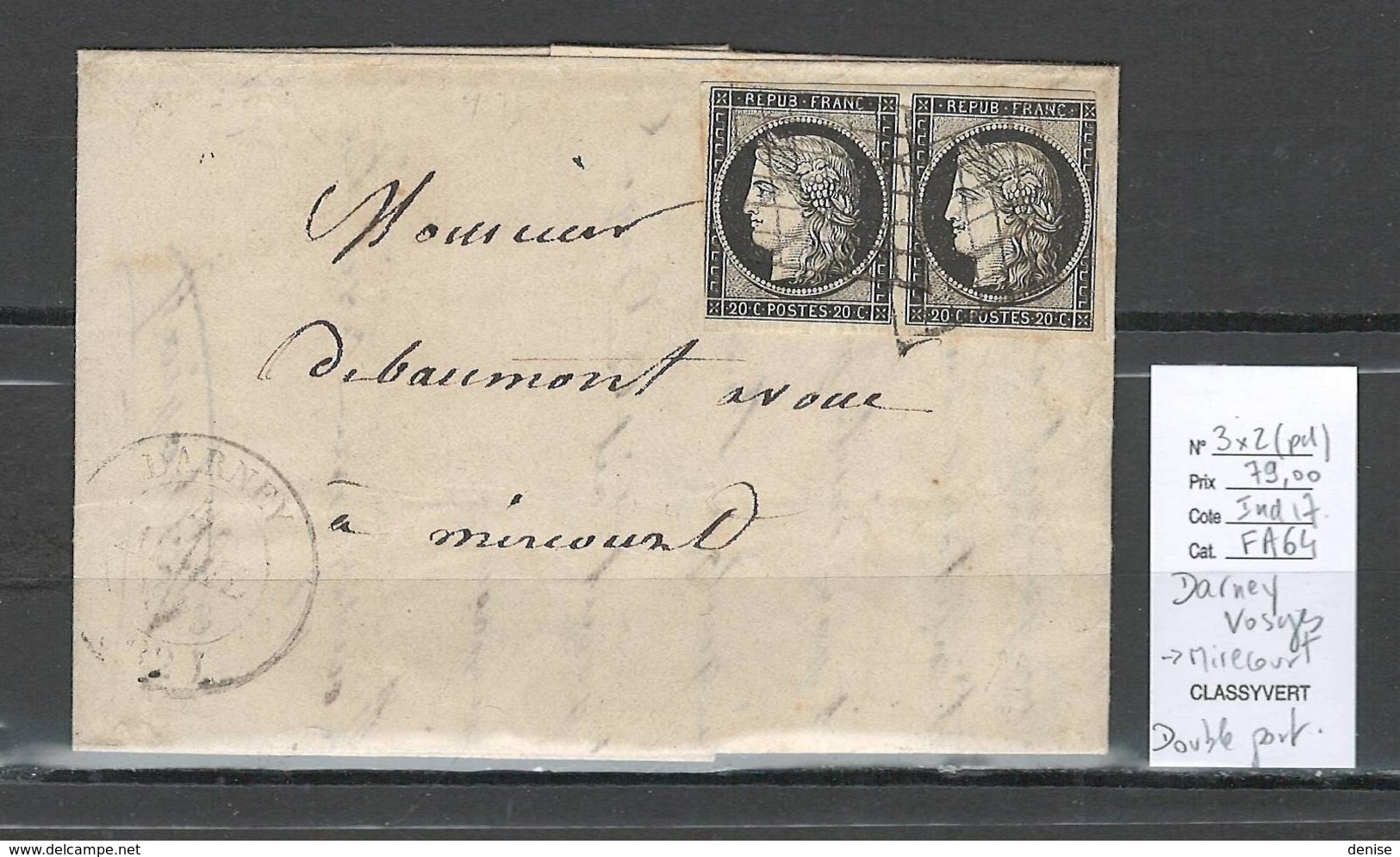 France -Lettre De DARNEY - Vosges - 1849 - Paire Du No 3 Ceres 20 Centimes Pour Mirecourt - 1849-1876: Période Classique