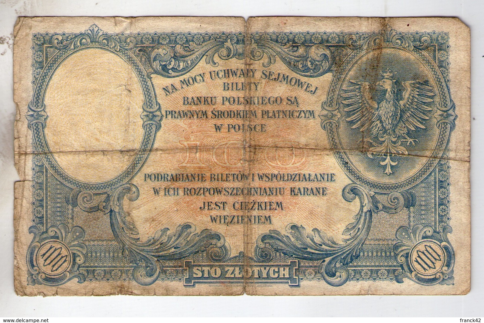 Pologne. 100 Zlotych 1919. Mauvais état. Déchirure En Haut Sur La Pliure - Pologne