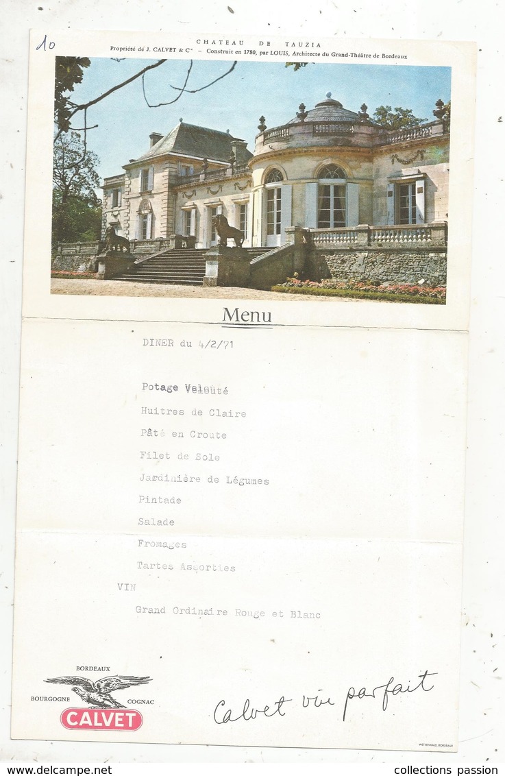 Menu , Chateau De TAUZIA , 1971, 2 Scans,  Frais Fr 1.65 E - Menus