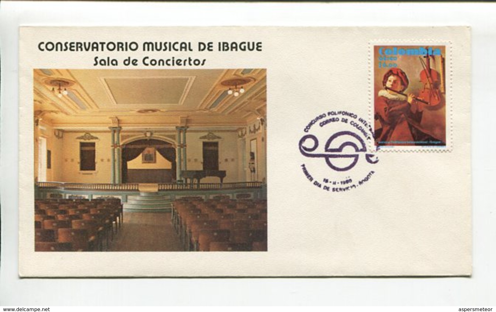 COLOMBIA - CONSERVATORIO MUSICAL DE IBAGUE, SALA DE CONCIERTOS. AÑO 1980 SOBRE PRIMER DIA ENVELOPE FDC - LILHU - Otros & Sin Clasificación