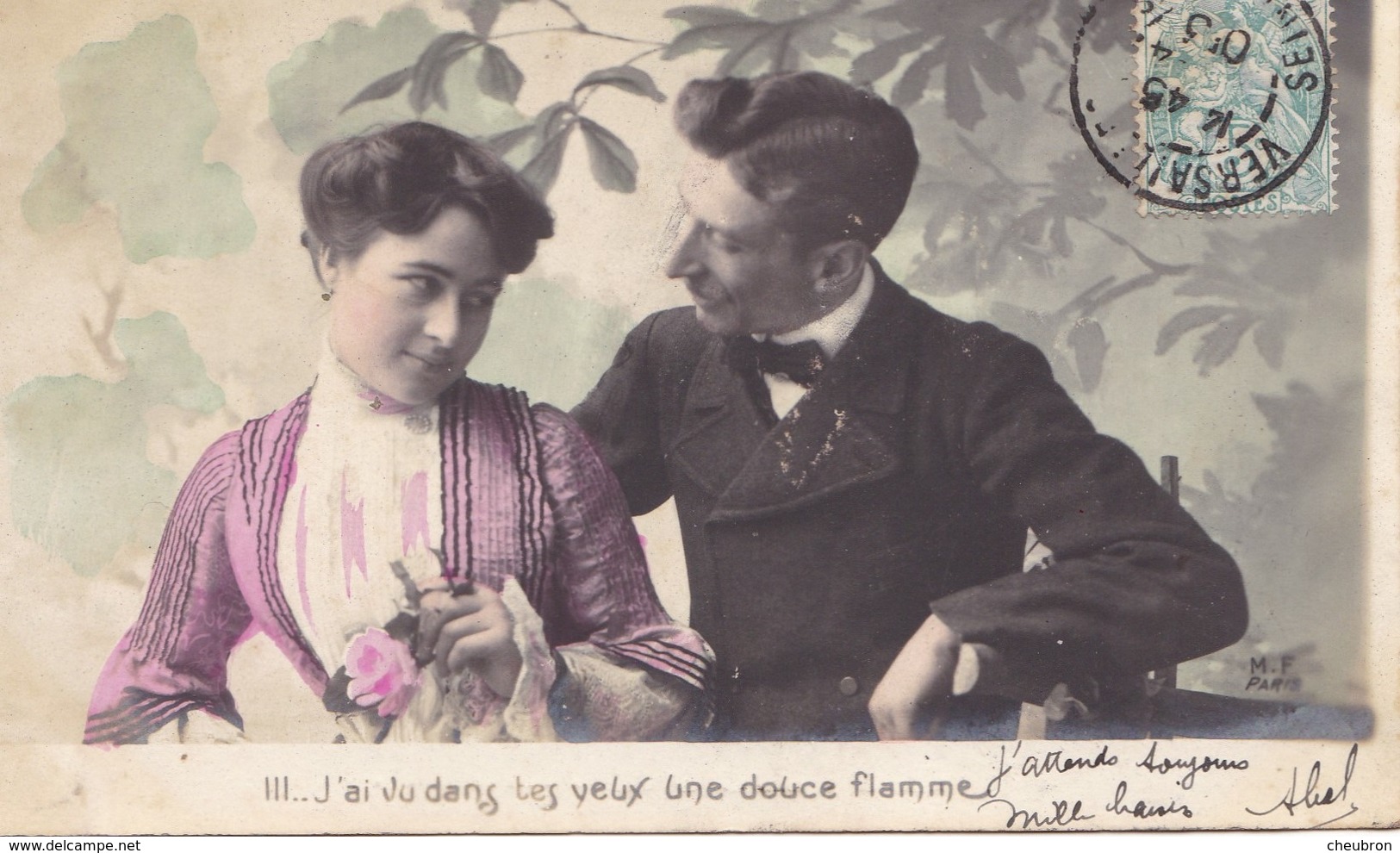 CARTE FANTAISIE. COUPLE. SÉRIE COMPLÈTE DE 5 CARTES COLORISÉES.  " LES YEUX MIROIR DE L'AME ". ANNÉE 1905 - Couples