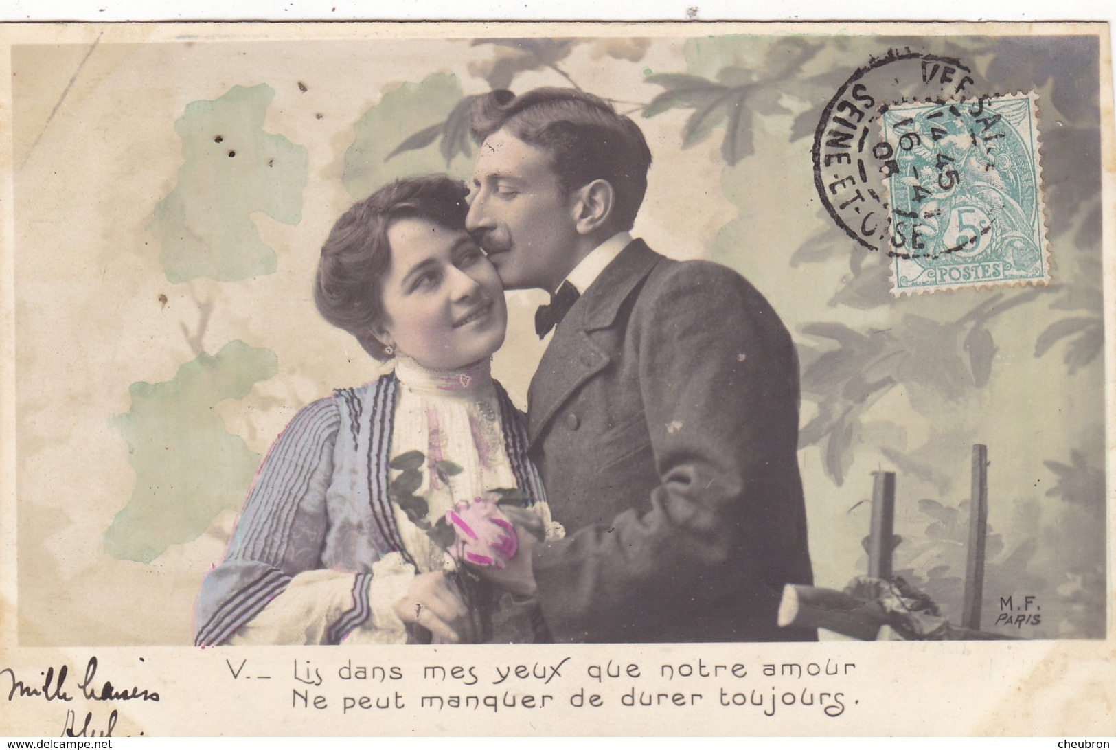 CARTE FANTAISIE. COUPLE. SÉRIE COMPLÈTE DE 5 CARTES COLORISÉES.  " LES YEUX MIROIR DE L'AME ". ANNÉE 1905