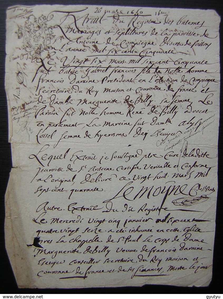 Mars 1650 Extrait Du Registre Des Baptêmes  Paroisse De Saint Antoine :Gabriel François Daraine Et Marguerite De Billy - Manuscripts