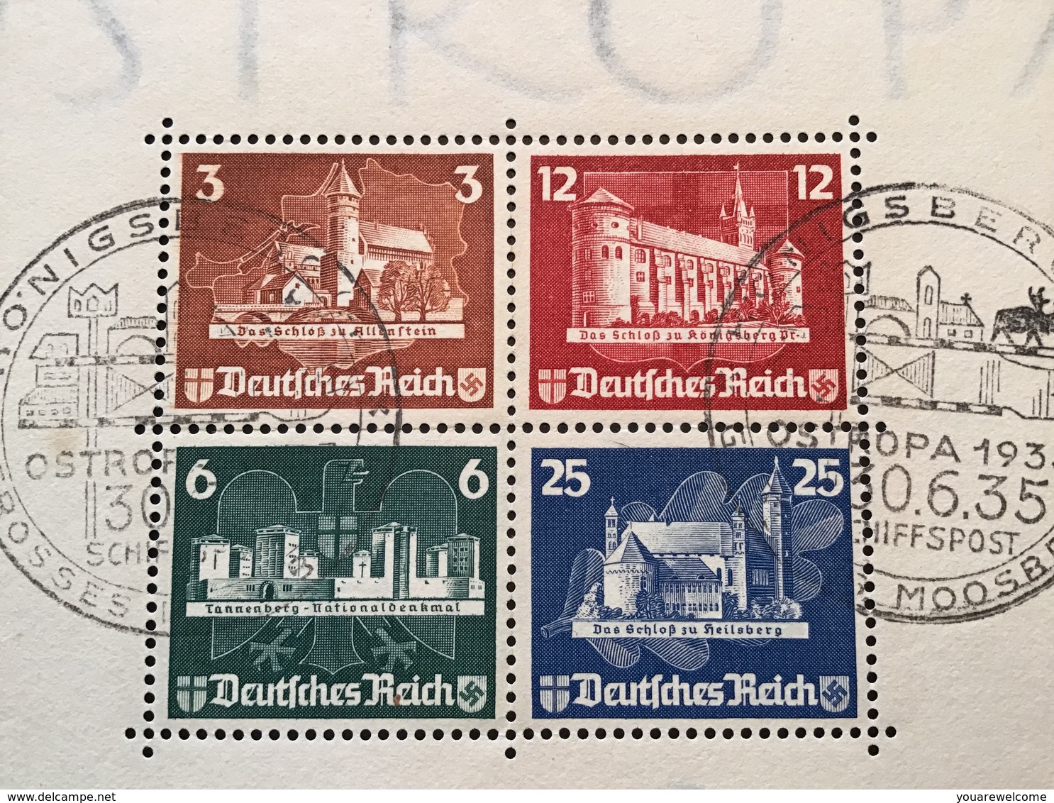 1935 OSTROPA Block 3 KÖNIGSBERG SCHIFFPOST GROSSES MOOSBRUCH Sonderstempel  (Deutsches Reich Bloc Renne Caribou Moor - Blocks & Kleinbögen