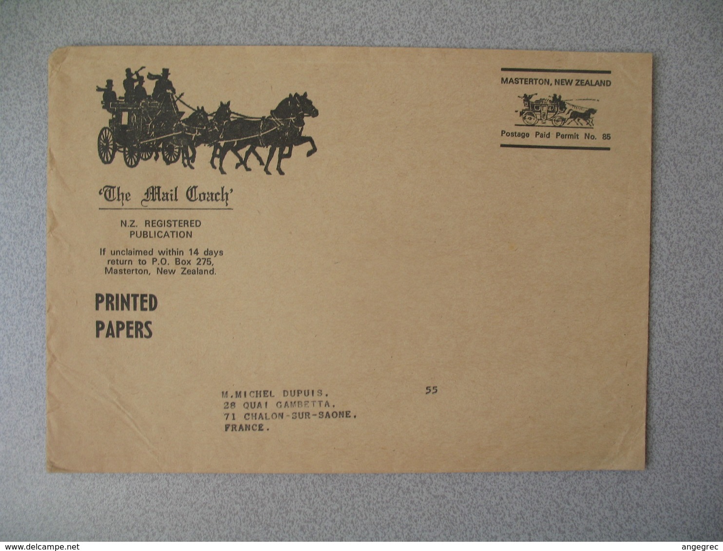 Nouvelle-Zélande The Mail Coach Masterton Registered Magazine  Lettre Postage Paid Permit N° 85 - New Zealand Cover - Brieven En Documenten